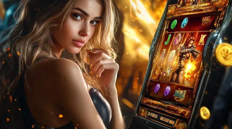 A beautiful woman in a red bikini and straw hat relaxing, with two views of a mobile casino app interface displayed on either side of her.