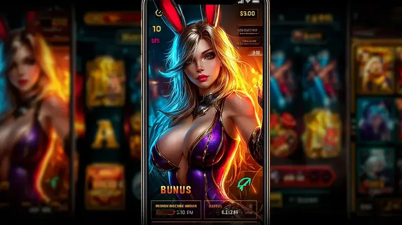 A woman in a pink top holding a rifle stands between two smartphones showcasing a mobile game app with character selection screens, including various animals and warriors.