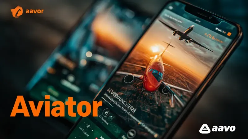 A close-up of a smartphone displaying the Aviator game, with a red and white airplane on the screen, against a blurred background of another phone, with the Aavor logo.