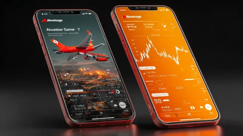 Two red iPhones display different screens of the Aviator game app, one showing the airplane over a city and the other showing a multiplier graph and game data.