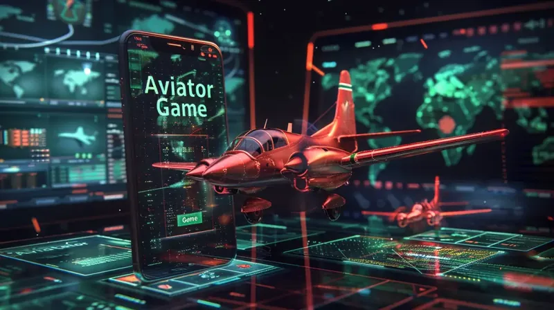 A smartphone shows the Aviator Game title as a 3D model of a red airplane flies out of the screen, set in a high-tech control room with data displays.