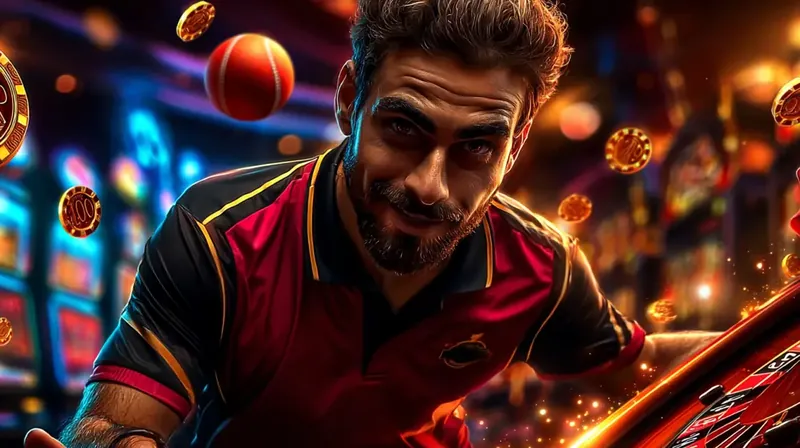 A beautiful woman with fiery hair and intense eyes in a stadium, surrounded by soccer balls and fire, with a mobile sports betting app visible on a phone screen.