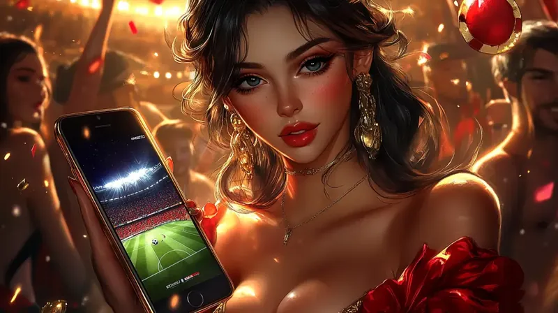 A glamorous woman in a red dress and sunglasses holds up a smartphone displaying a sports betting app with a view of a crowded stadium, set against a live stadium background.