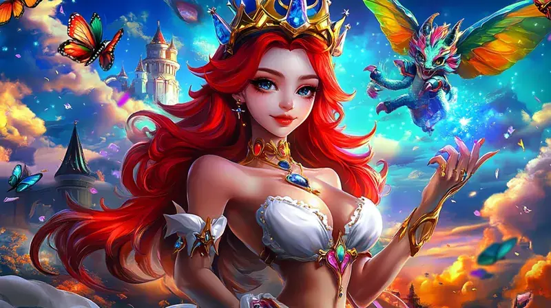 A beautiful red-haired princess in a magical kingdom, accompanied by a small friendly dragon and surrounded by colorful butterflies, representing a fantasy-themed game.