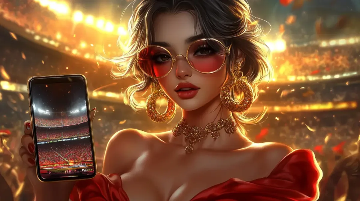 A beautiful woman with long brown hair wearing a red dress, surrounded by a shower of golden coins and casino dice, embodying the excitement of winning big.