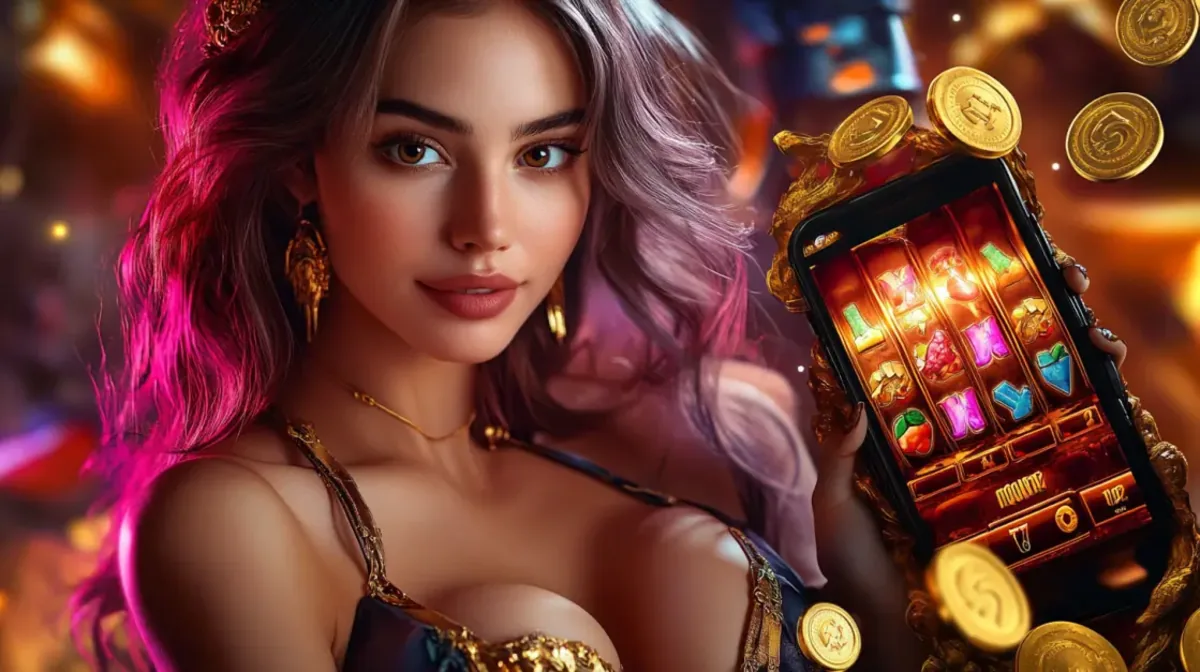 A stylish woman in a black bikini and sunglasses holding a winning hand of poker cards amidst a vibrant background of falling casino chips and dollar bills.