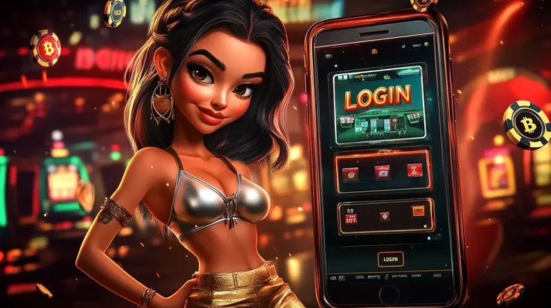 A stylish animated woman in a silver top and gold pants stands next to a large smartphone displaying the login screen for a mobile casino application.