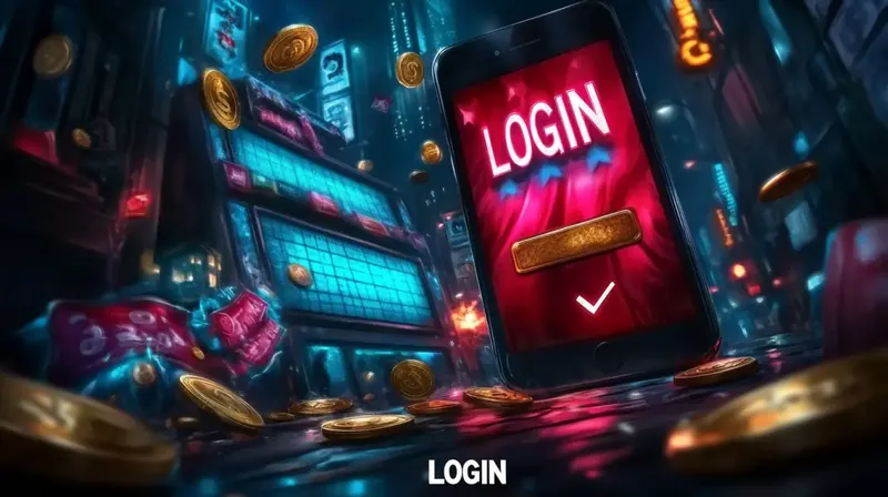 A smartphone with a red login screen featuring a golden login button and a checkmark, placed in a futuristic neon city setting with casino elements and gold coins.