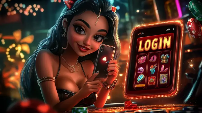 A smiling woman with dark hair holds a smartphone showing a vibrant login screen for a slot game, set against a blurred background of a lively casino at night.